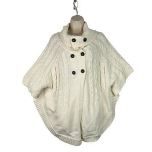 Cream Cable Knit Poncho Cape Sweater Funnel Neck Button Cozy‎ Winter Sz 24-26W